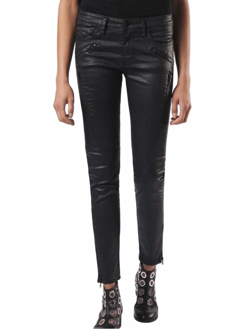 Diesel Skinzee-SP Coated Black Moto Skinny Jeans W31 x L32 #0662E Stretch